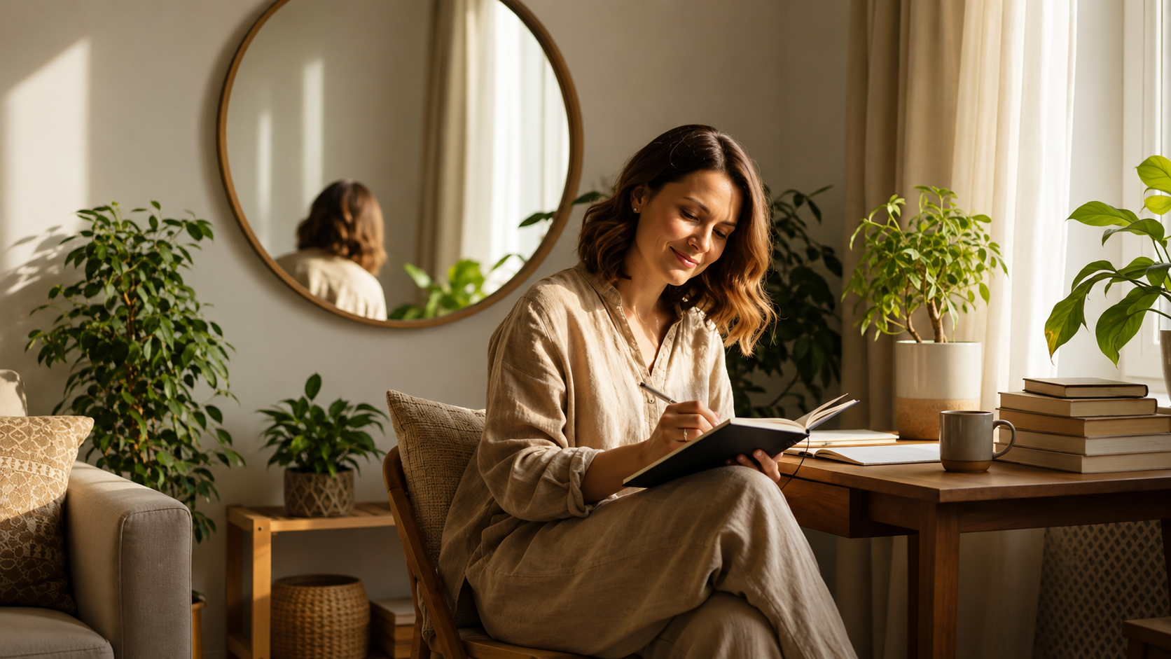 Woman sitting in a cozy room writing in a notebook.