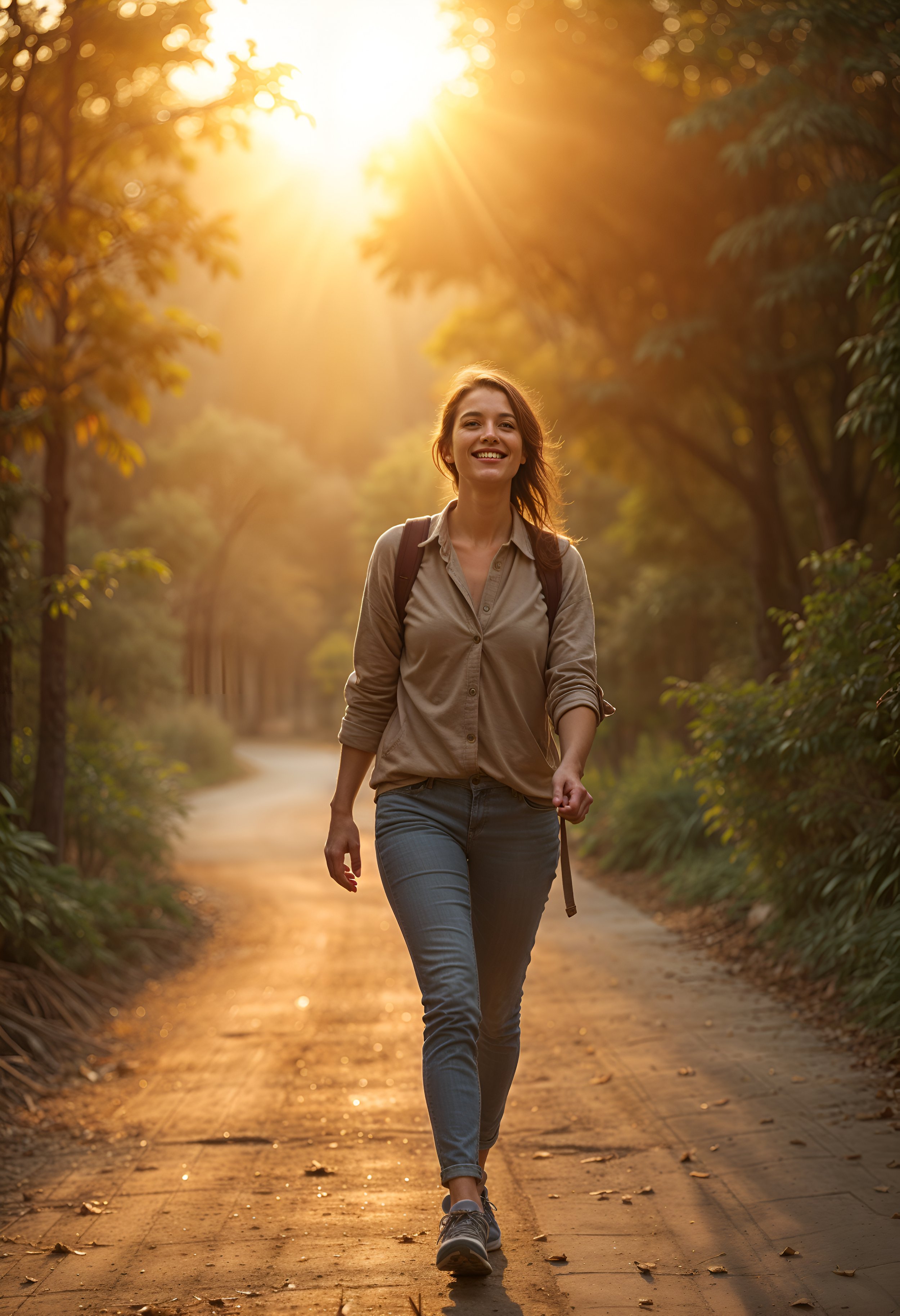 A young woman walking on a dirt path through a forest during sunset, smiling and wearing a beige shirt and jeans with a backpack.