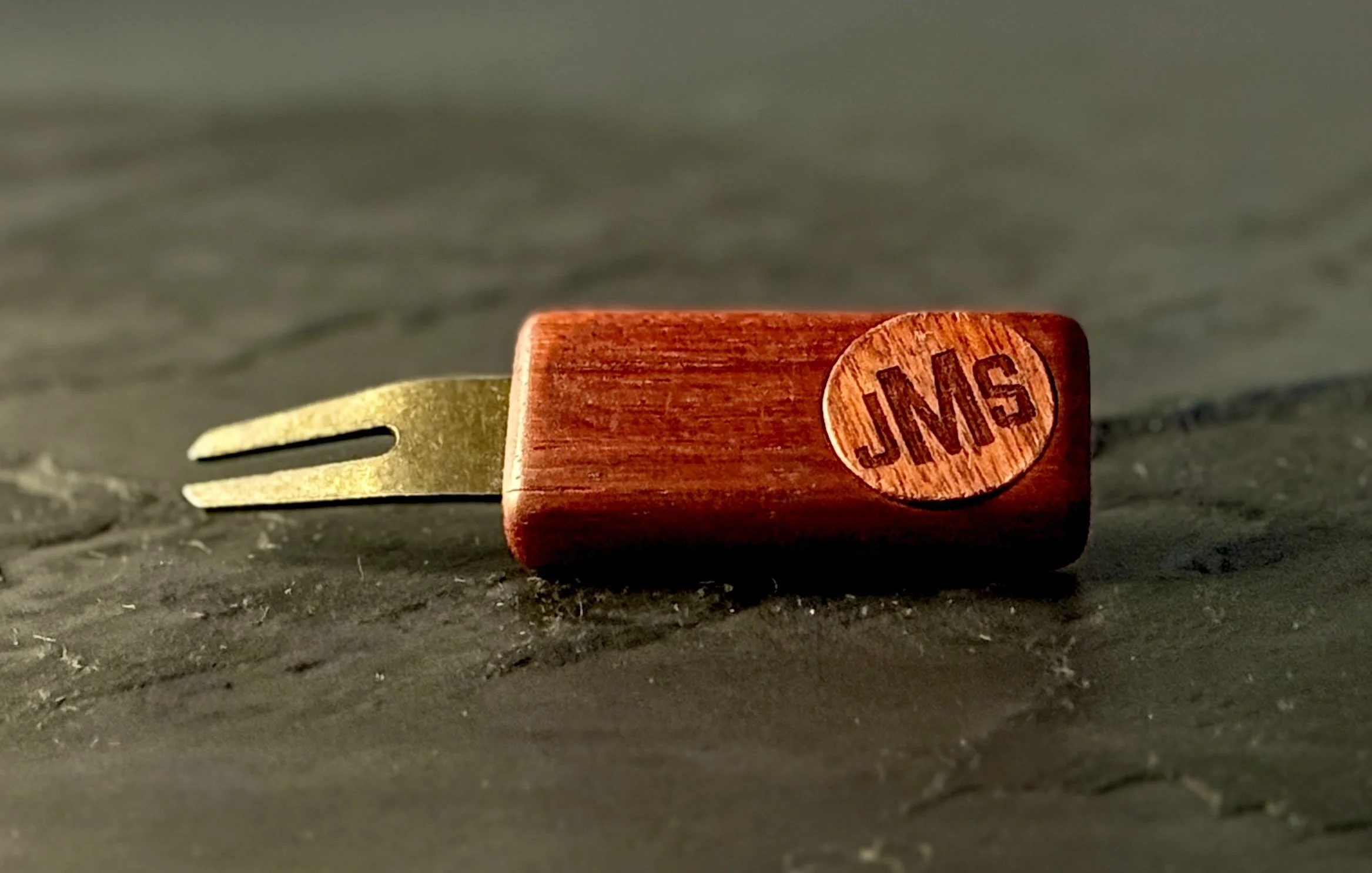 Bloodwood golf divot repair tool with personalized wooden ball marker