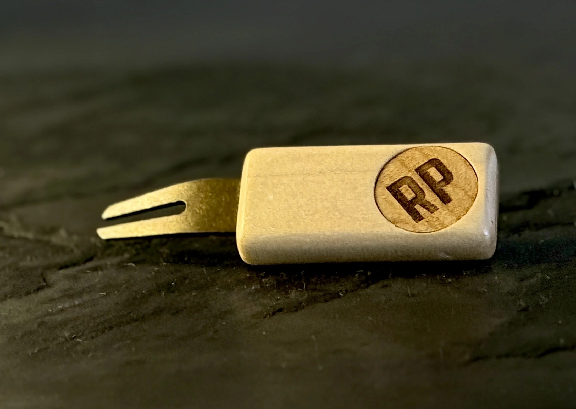 Maple golf divot repair tool with personalized wooden ball marker