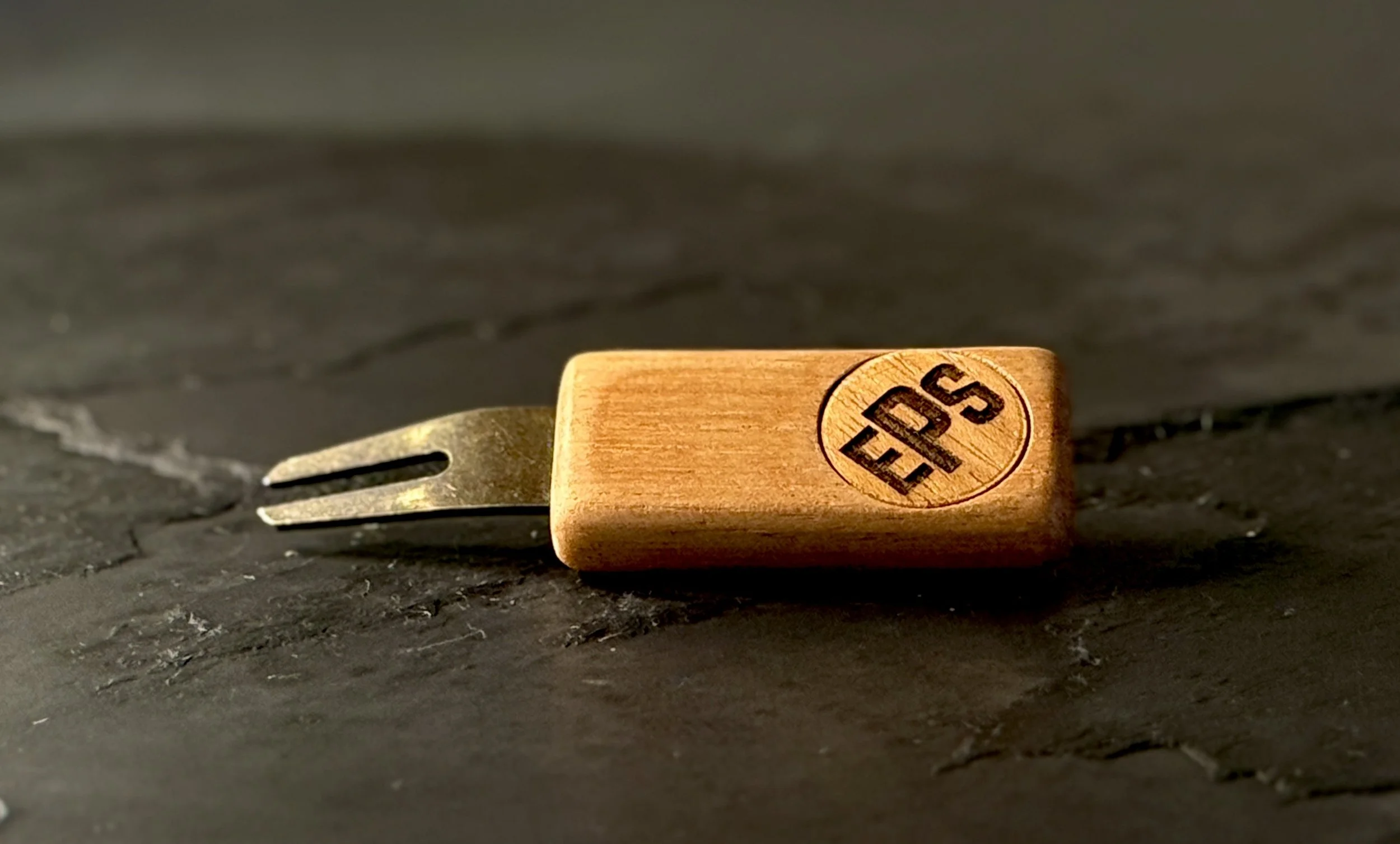 Spanish cedar golf divot repair tool with personalized wooden ball marker