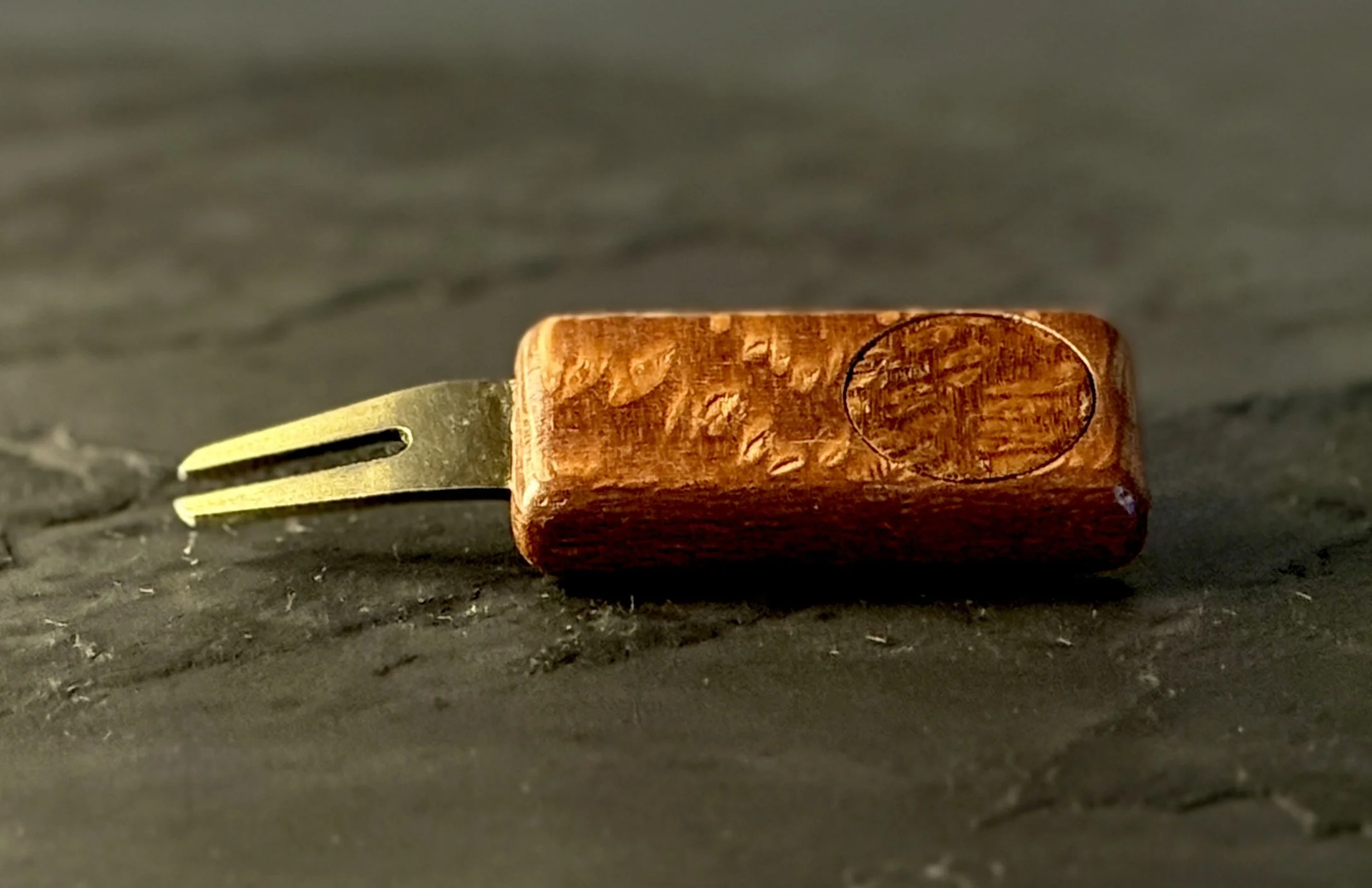 Leopardwood golf divot repair tool with wooden ball marker