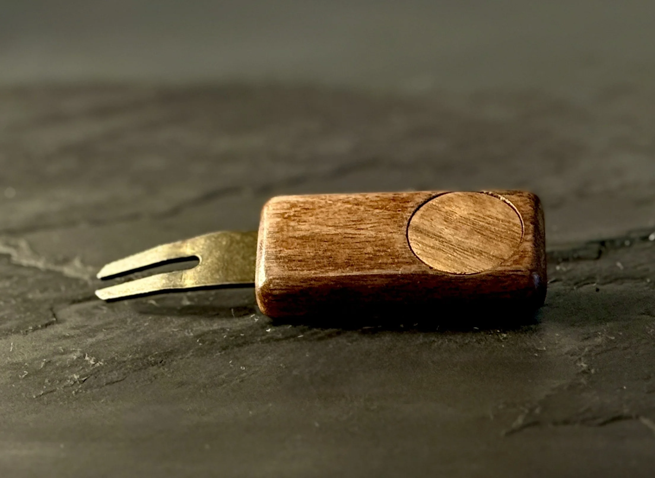 Walnut golf divot repair tool with wooden ball marker
