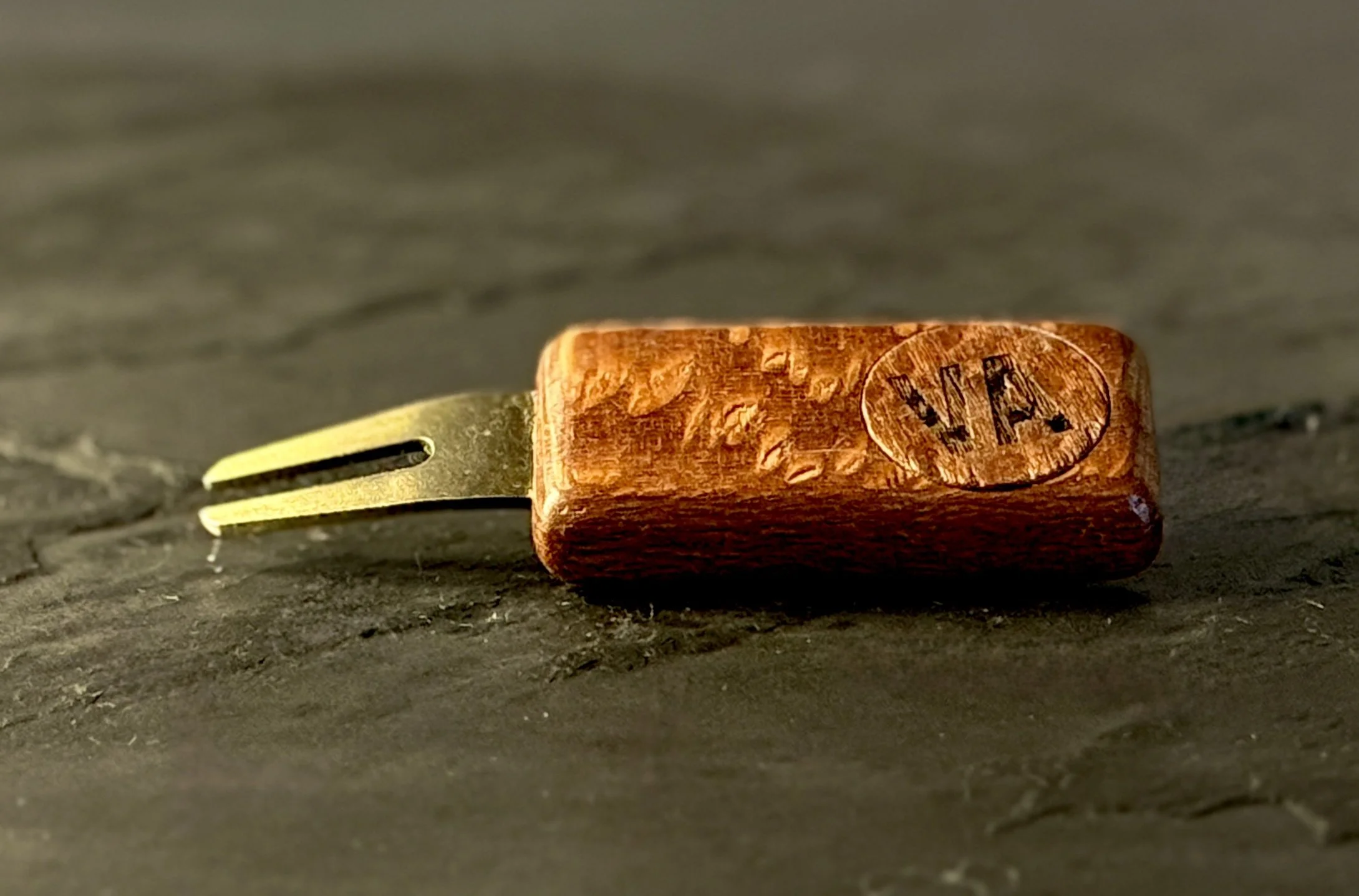 Leopardwood golf divot repair tool with personalized wooden ball marker