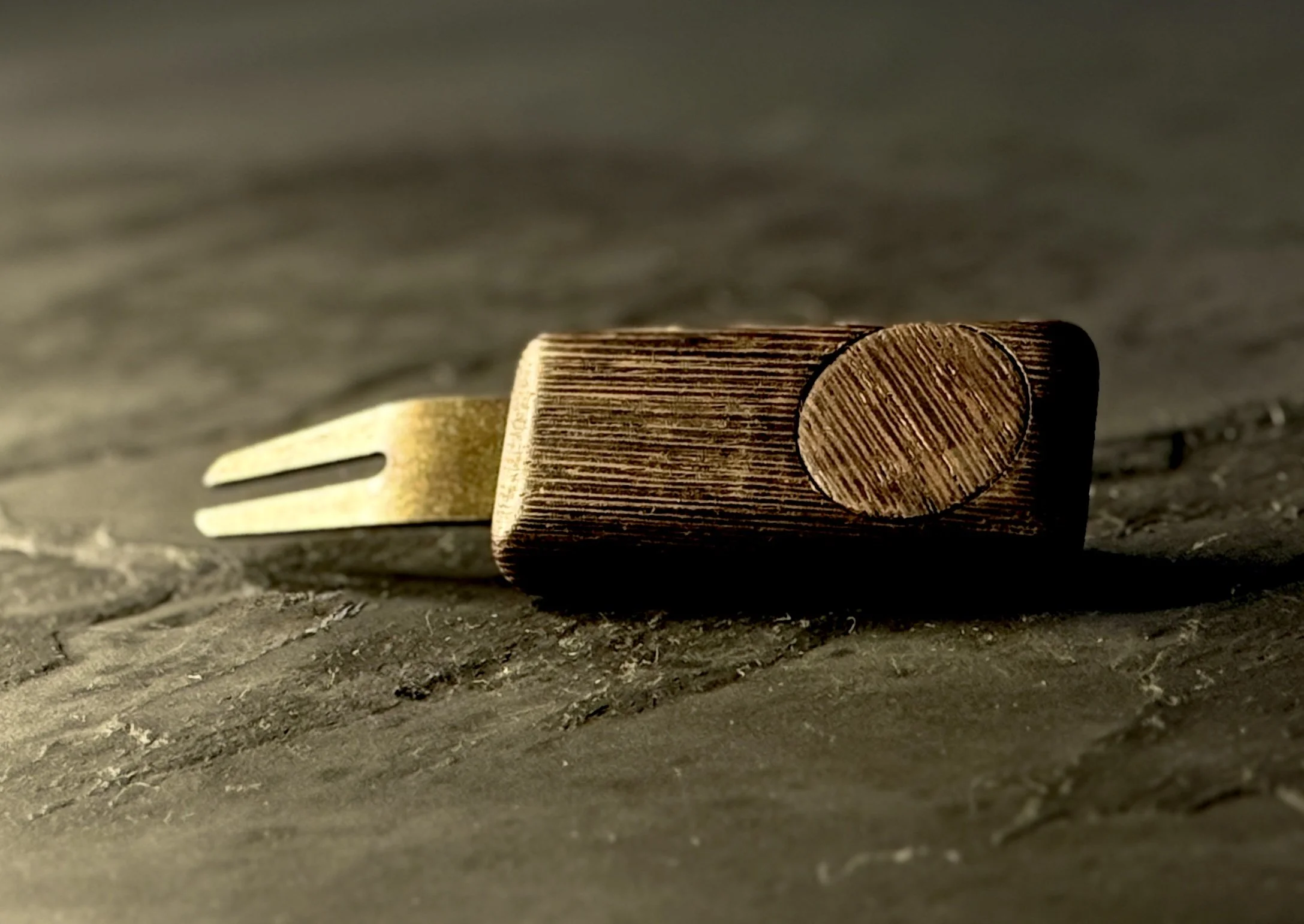 Wenge golf divot repair tool with wooden ball marker