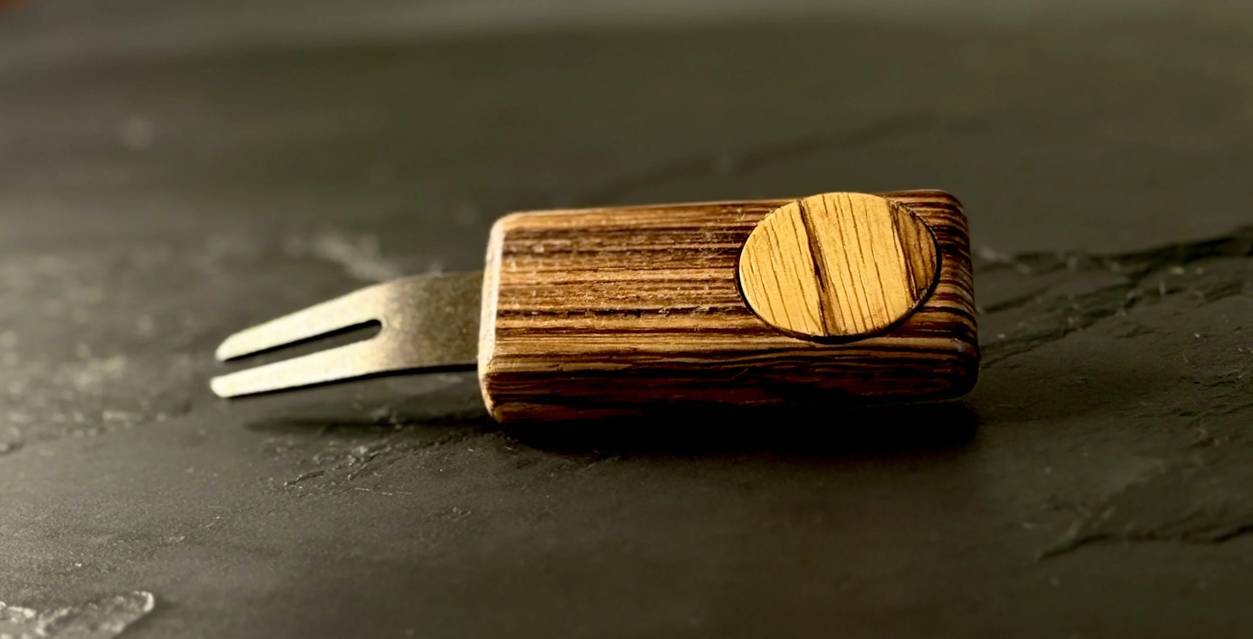 Zebrawood golf divot repair tool with wooden ball marker