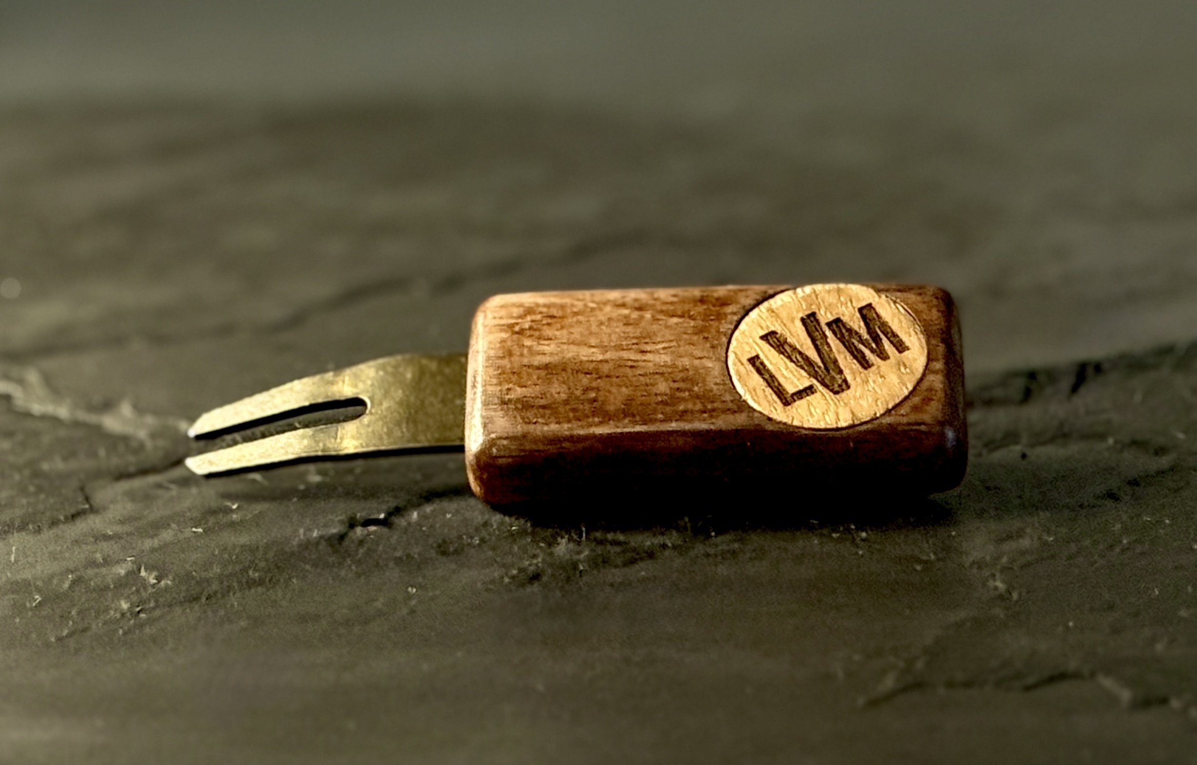 Walnut golf divot repair tool with personalized wooden ball marker