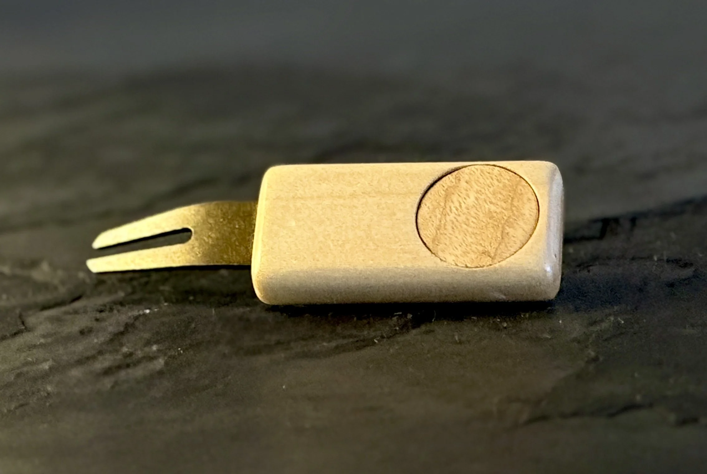 Maple golf divot repair tool with wooden ball marker