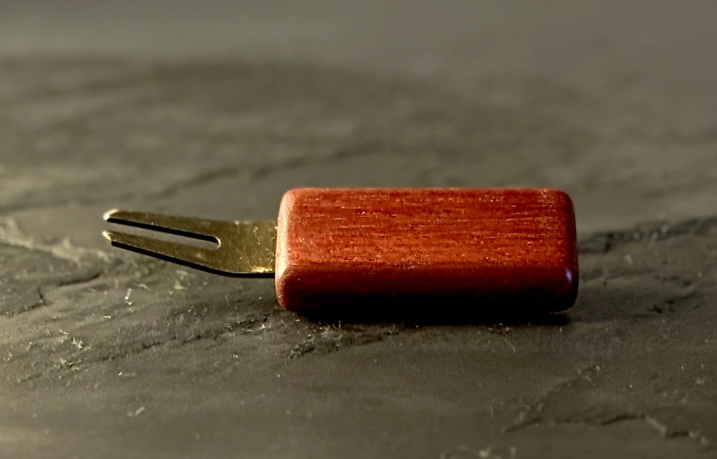 Handcrafted bloodwood golf divot tool with antiqued brass hardware