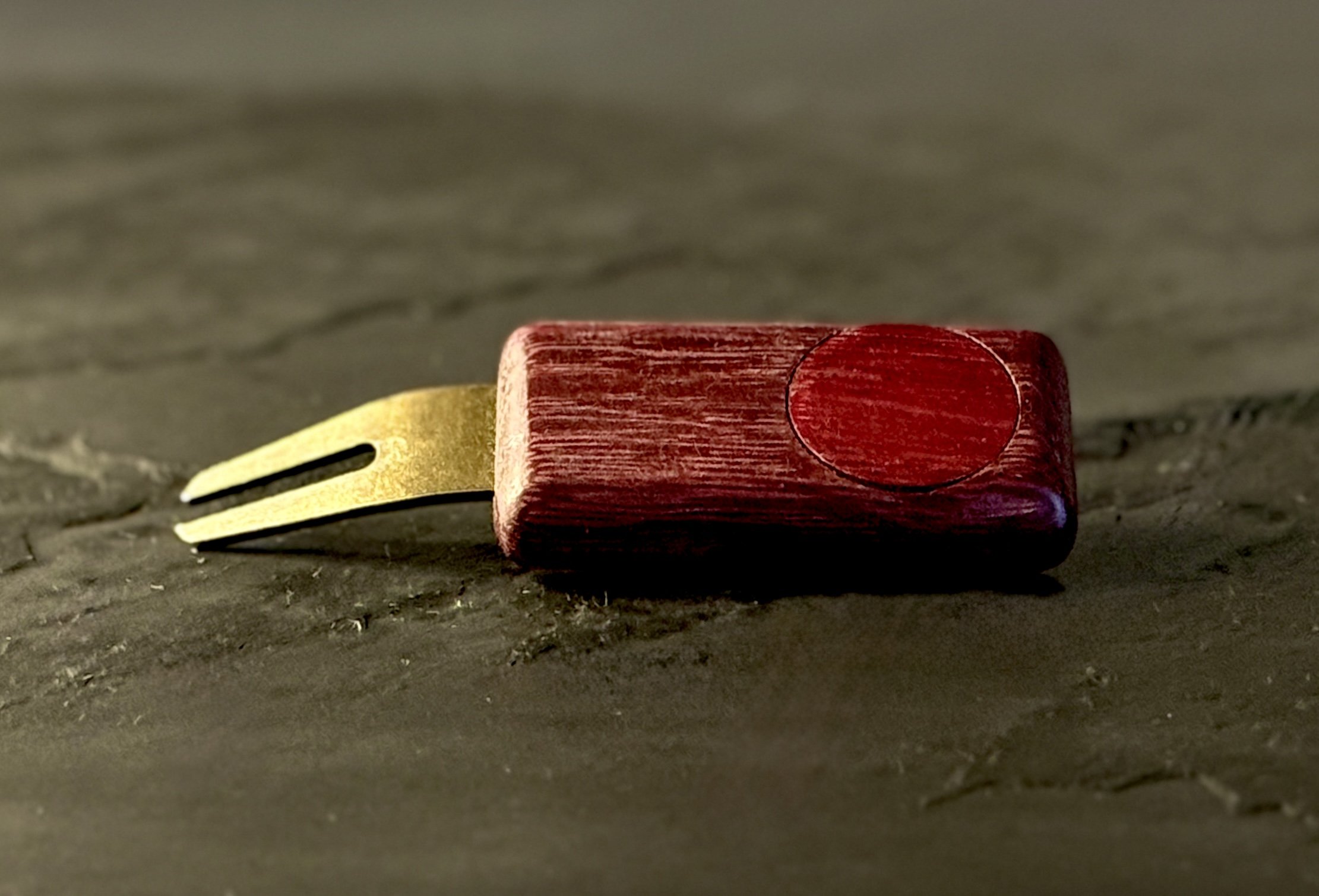Purpleheart golf divot repair tool with wooden ball marker