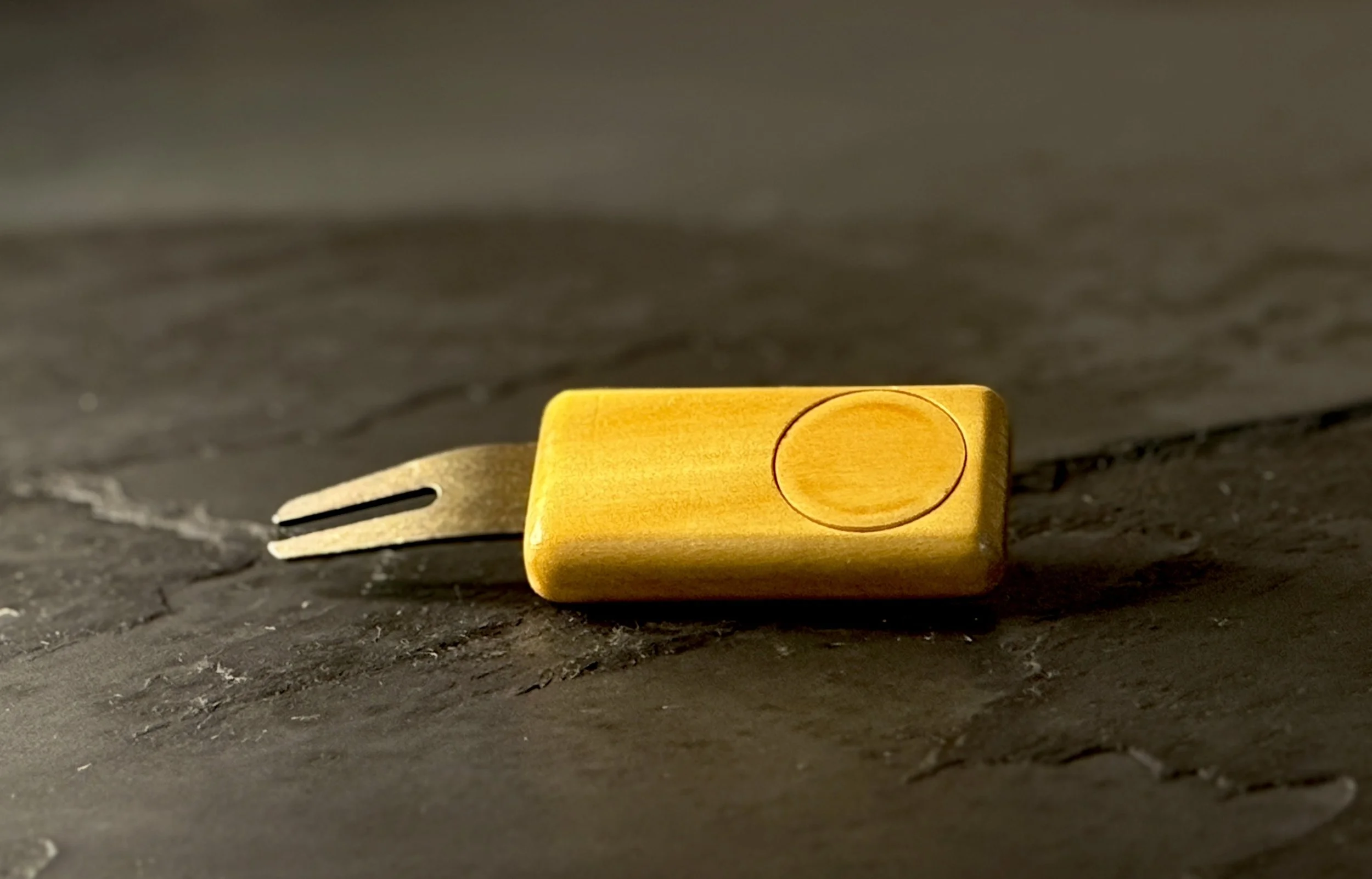 Yellowheart golf divot repair tool with wooden ball marker