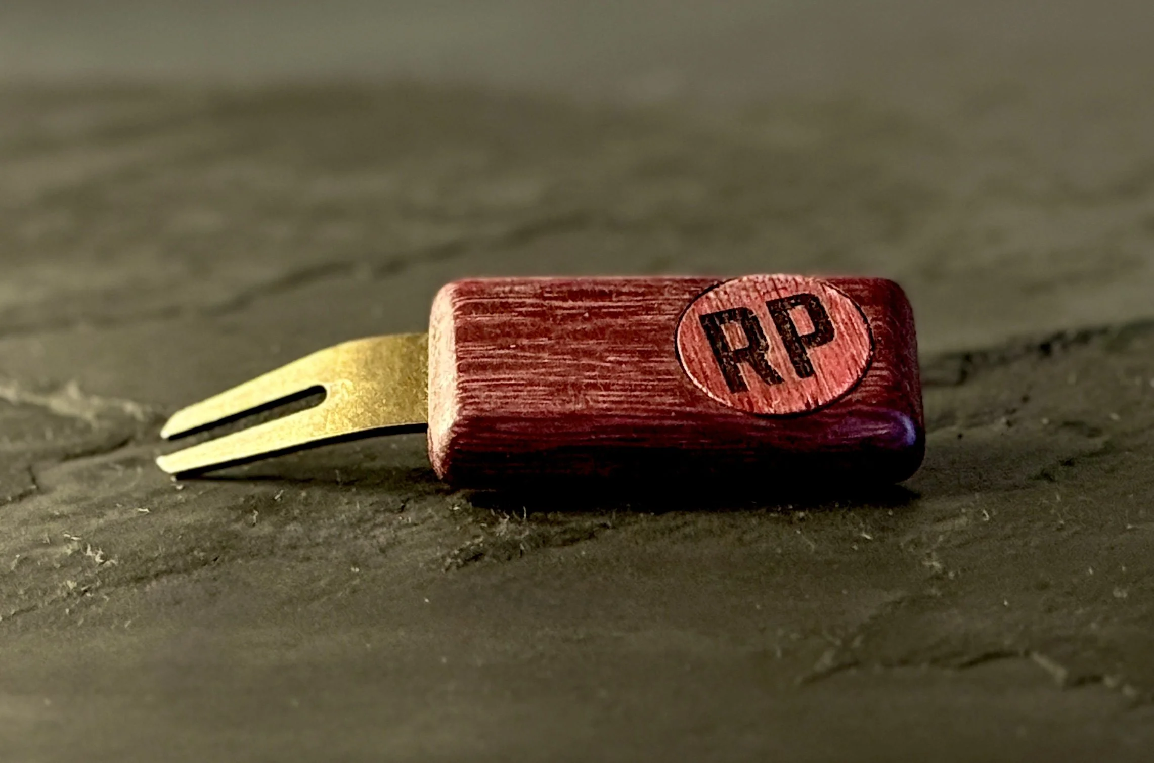 Purpleheart golf divot repair tool with personalized wooden ball marker