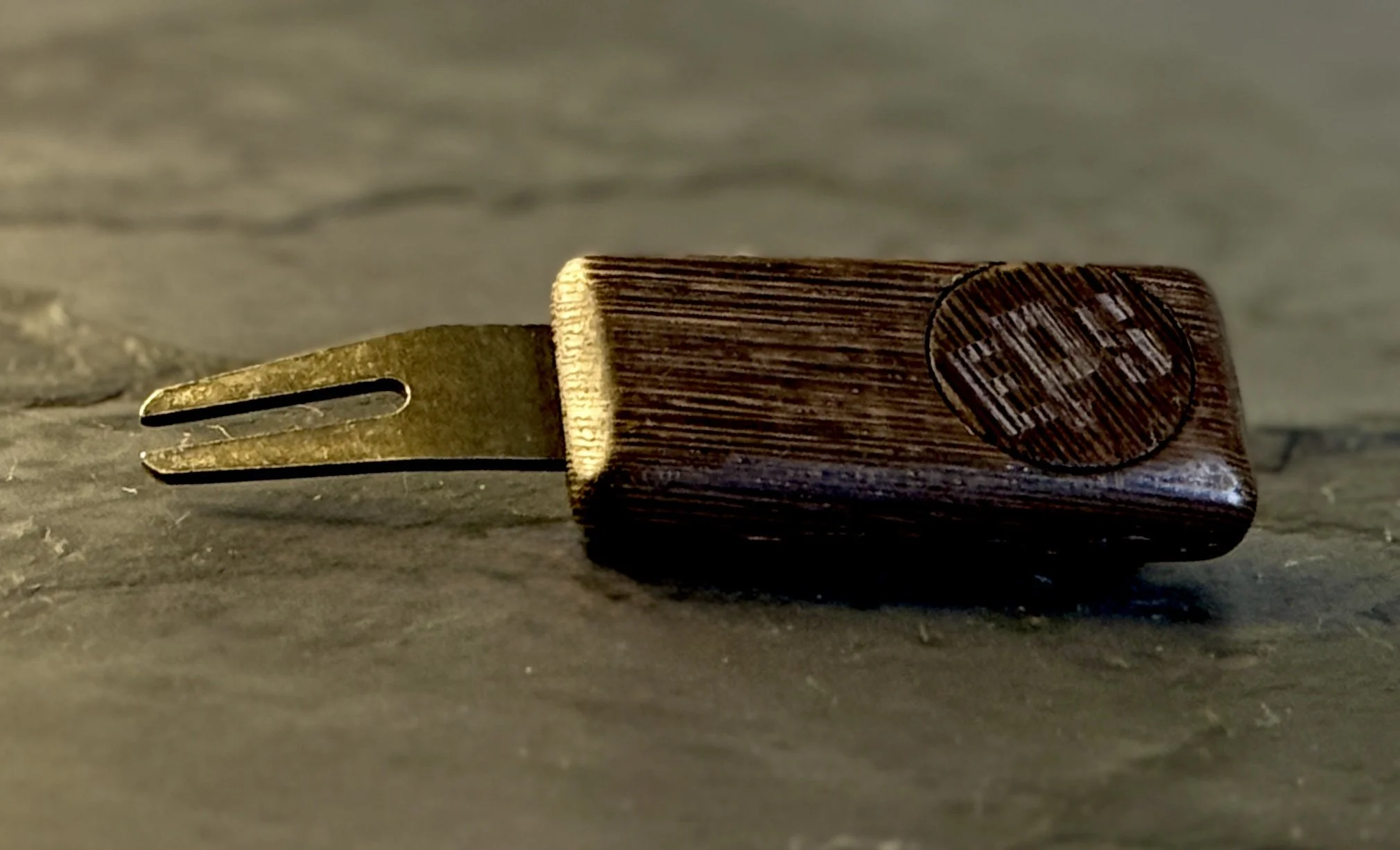 Wenge golf divot repair tool with personalized wooden ball marker