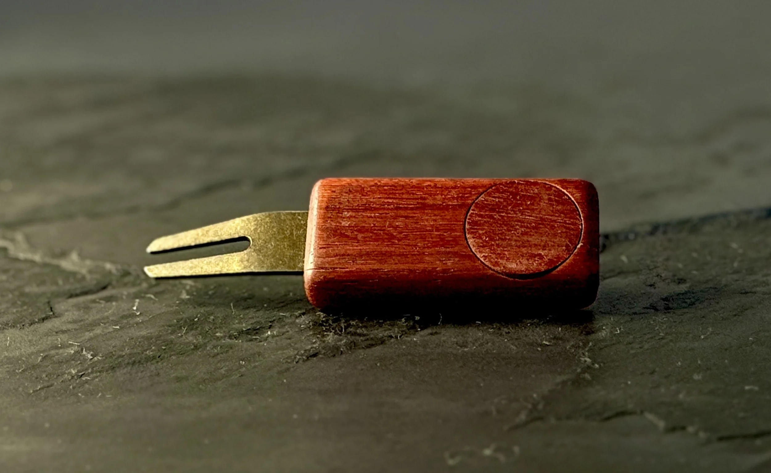 Bloodwood golf divot repair tool with wooden ball marker