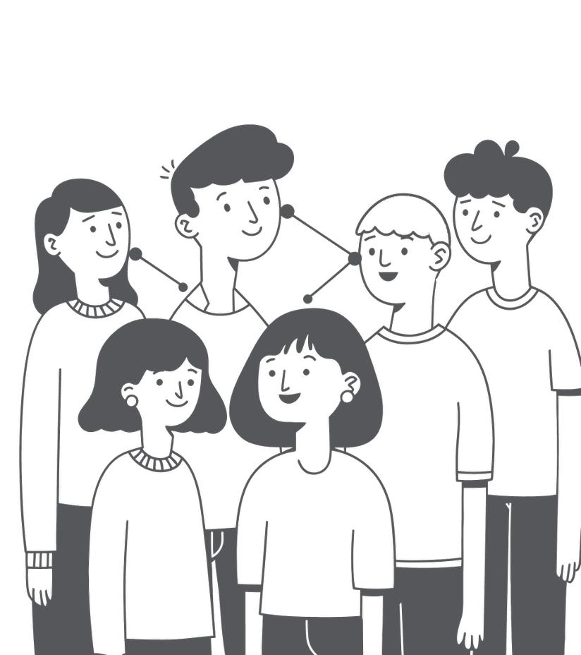 Line art illustration of six diverse people smiling, standing close together and being socially connected