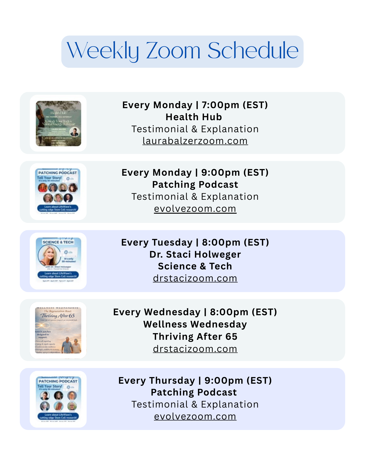 Weekly Zooms Schedule