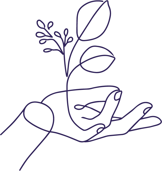 Shift Mind Body Spirit_Myofascial Release Therapy_Berkeley, CA_Line drawing of a hand holding a small potted plant with leaves and buds, on a black background
