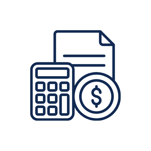 Icon of a calculator, a bill, and a dollar sign coin, representing financial or accounting concepts.