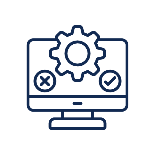 Computer monitor with gear icon in the center, and check mark and cancel icons on either side, representing settings or system updates.