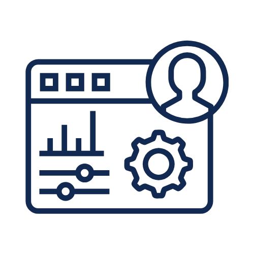 Line drawing of a user profile icon overlaying a dashboard with graphs, sliders, and a gear icon.