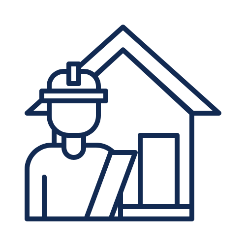 Icon of a construction worker wearing a hard hat holding a blueprint next to a house.