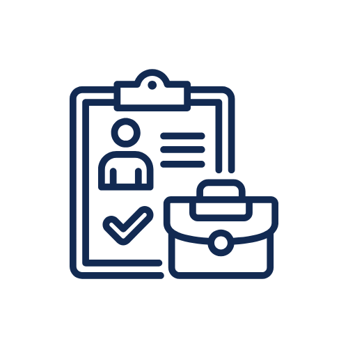 Icon of a clipboard with a person's profile, checkmark, and a briefcase.