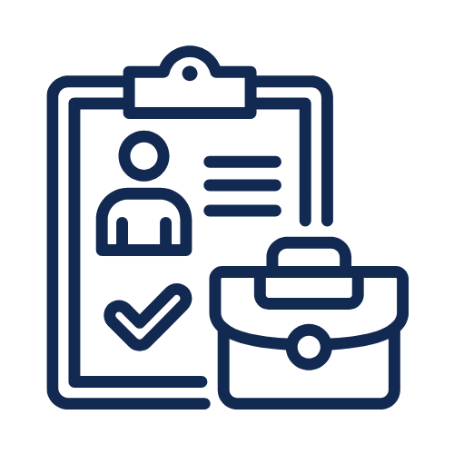 Icon of a clipboard with a person silhouette and lines representing text, a checkmark, and a briefcase.