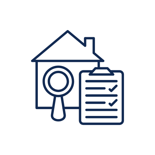 House icon with magnifying glass and checklist suggesting property maintenance. 