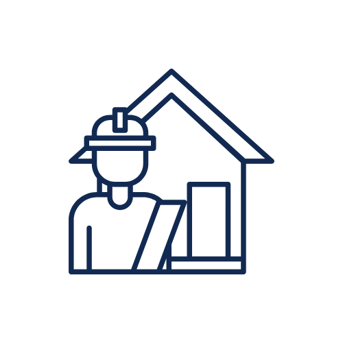 Line drawing of a construction worker wearing a hard hat with a house in the background.