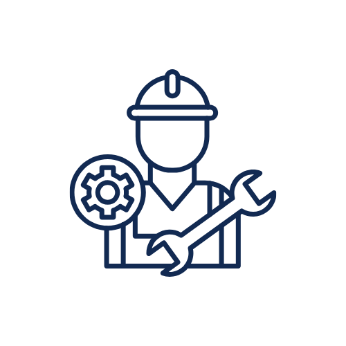 Icon of a technician or engineer wearing a safety helmet, holding a wrench, with a gear symbol representing maintenance or repair.