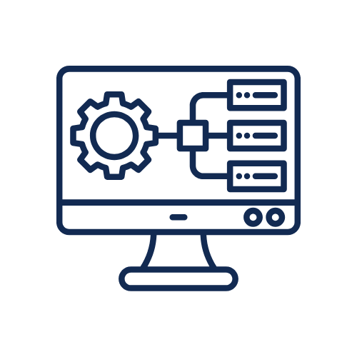 A computer monitor with a gear icon and a flowchart symbol, representing system configuration or network setup.