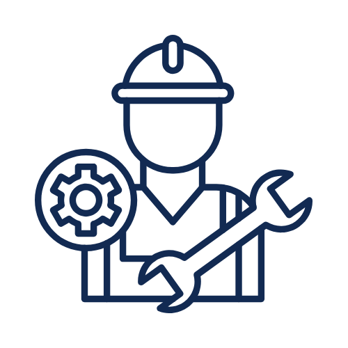 Icon of a worker wearing a helmet, holding a gear and a wrench, representing maintenance or technical work.