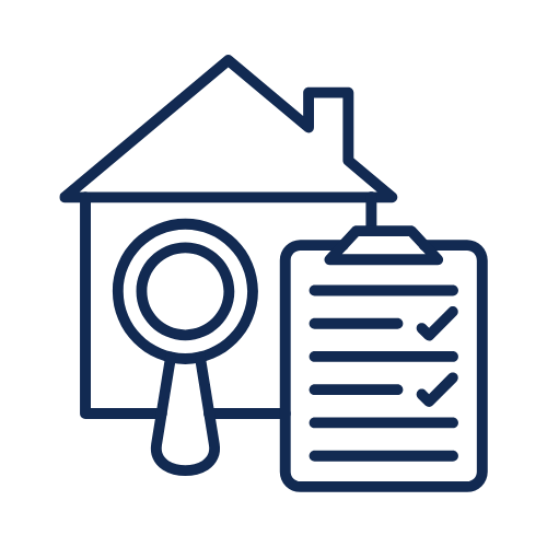 Icon of a house with a magnifying glass and a clipboard with checkmarks.