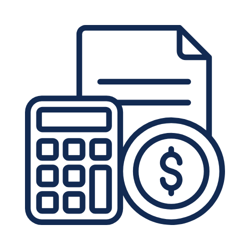 Line drawing of a calculator, a document, and a dollar sign coin representing financial or budgeting concepts.