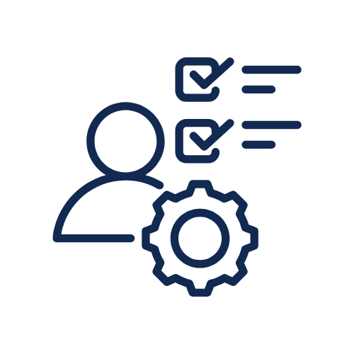 Icon of a person with two checkmarks and a gear suggesting task management or client onboarding.