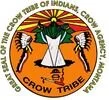 Seal of the Crow Tribe of Indians, featuring a shield with feathers, a bow and arrow, and a green background with a sunburst.