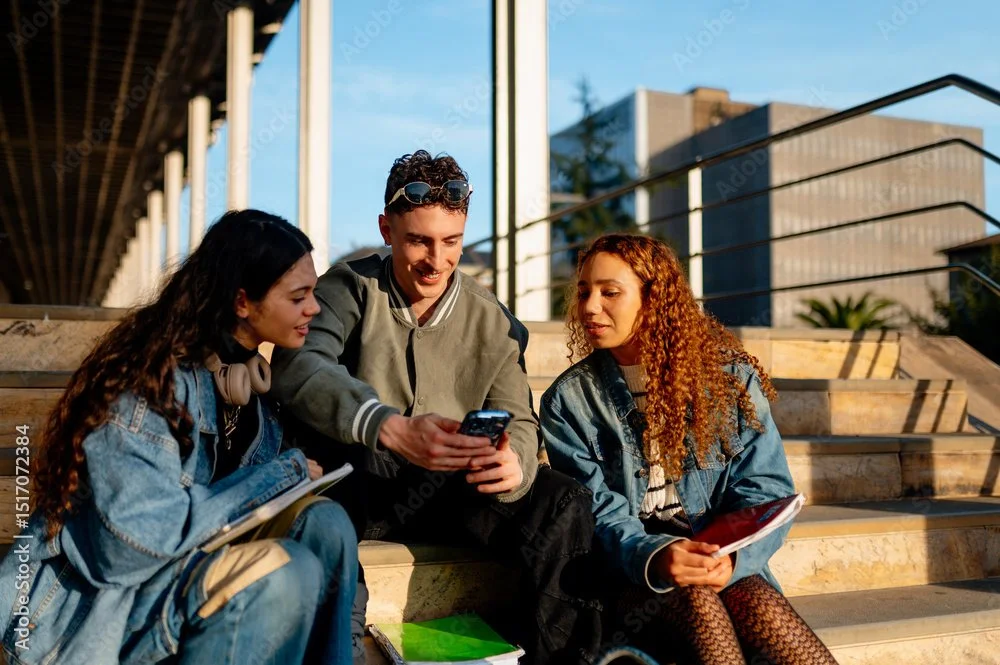 Three young friends sitting on outdoor steps, looking at a phone and smiling, with notebooks and a folder.