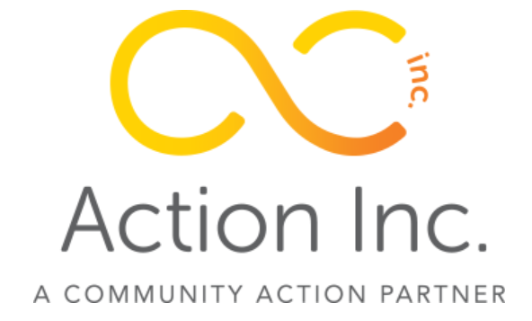 Logo of Action Inc. featuring a stylized yellow-orange infinity symbol and the text "Action Inc. A Community Action Partner".