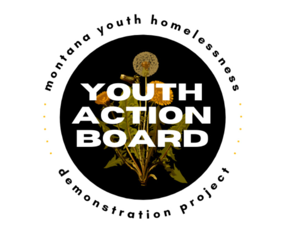 Logo for Youth Action Board featuring a sunflower and circular text about homelessness prevention in Montana.