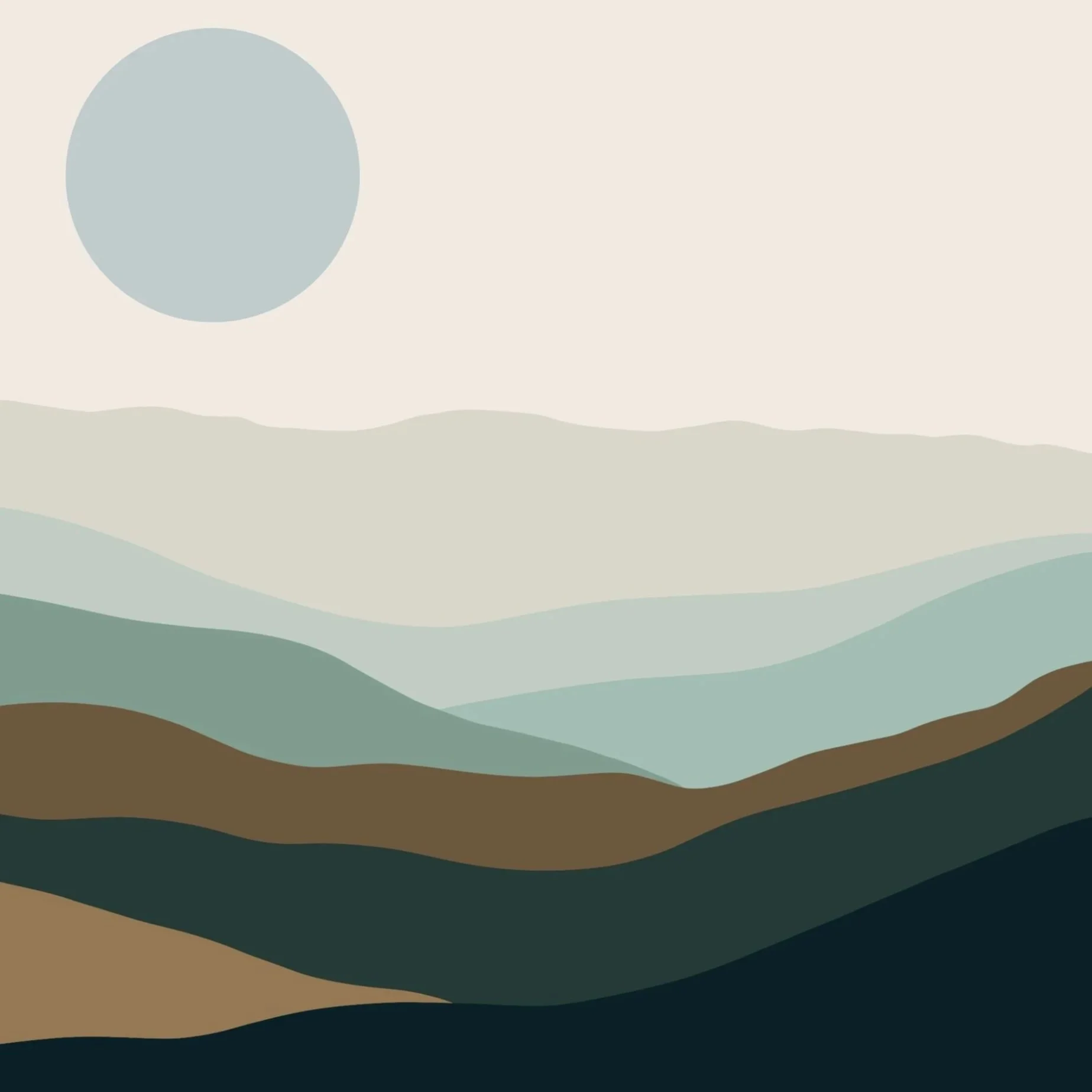 Abstract digital landscape with layered hills in earth tones and a large pale blue circle in the sky resembling a sun or moon.