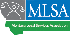 MLS logo featuring a stylized human figure holding scales, with Montana map outline and text 'MLS' and 'Montana Legal Services Association'.