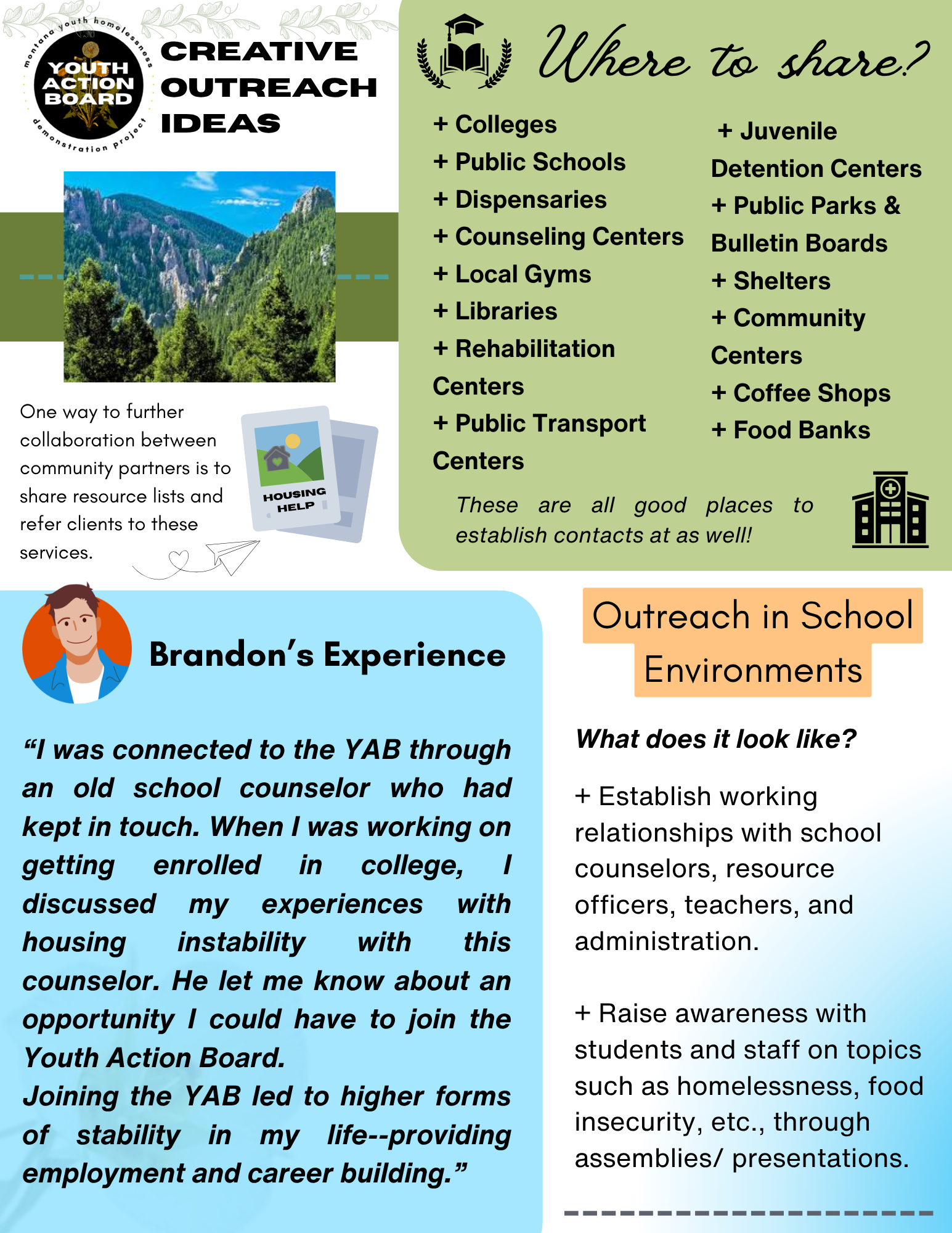 A flyer with green and white backgrounds presenting outreach ideas for the Montana Youth Action Board. The flyer includes a scenic mountain landscape photo, a logo with a tree and the words "Youth Action Board," and a section with bullet points listing places to share resources such as colleges, schools, parks, community centers, and food banks. It features a photo of a young man, Brandon, and a quote about his experience with the Youth Action Board.