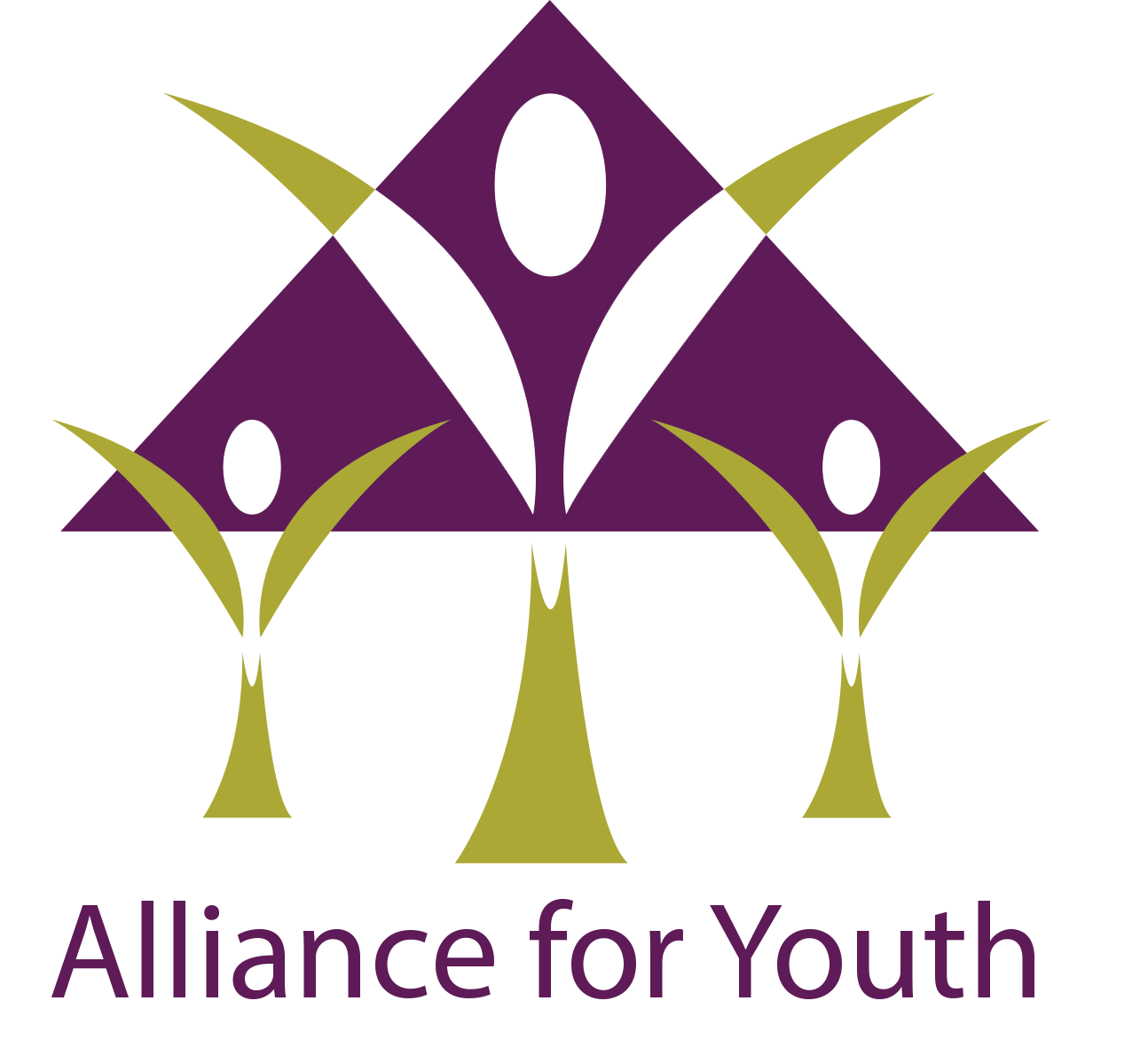 A logo for Alliance for Youth featuring stylized purple and green human figures with arms raised, standing behind purple triangles, with the organization's name in purple text beneath.