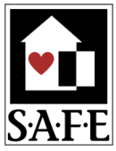 Logo with a house outline, a red heart inside, and the word 'SAFE' below.