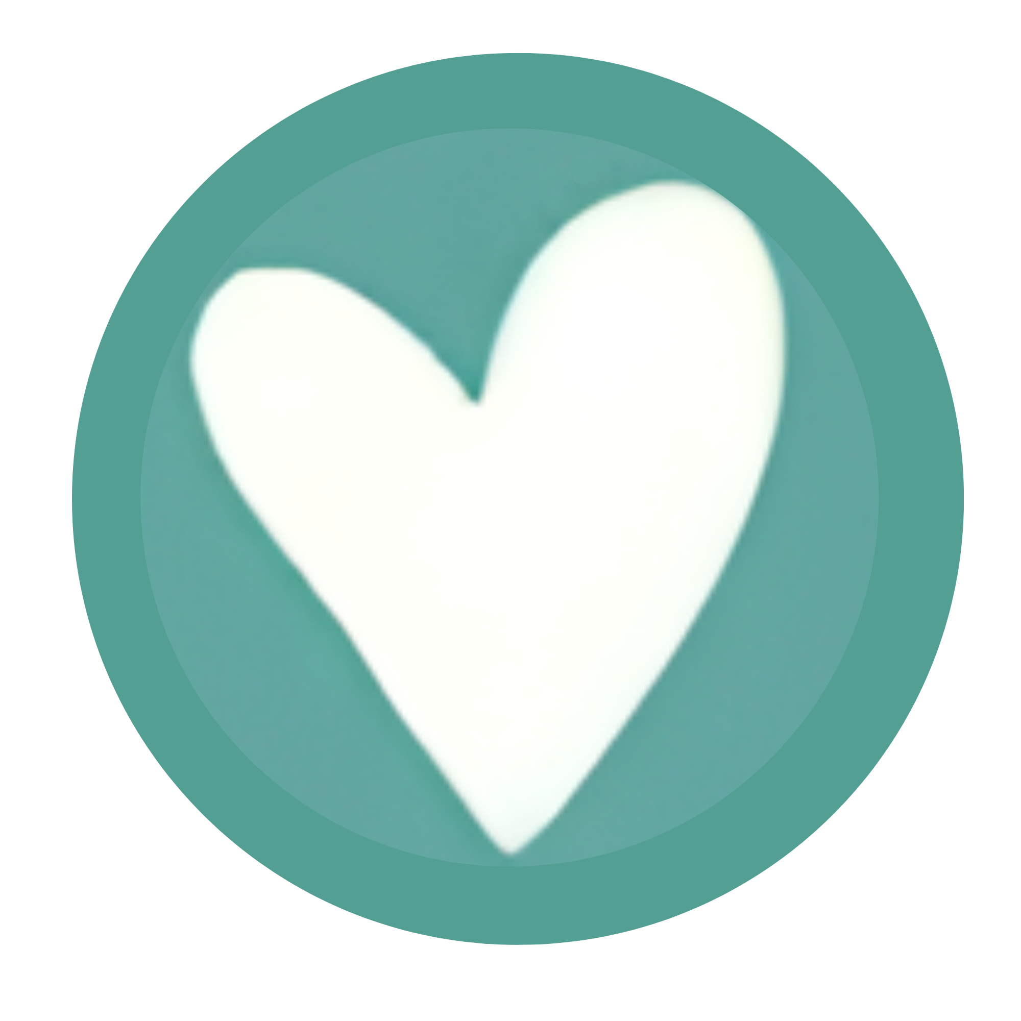 Close-up of a teal and white graphic logo resembling a heart or leaf shape.