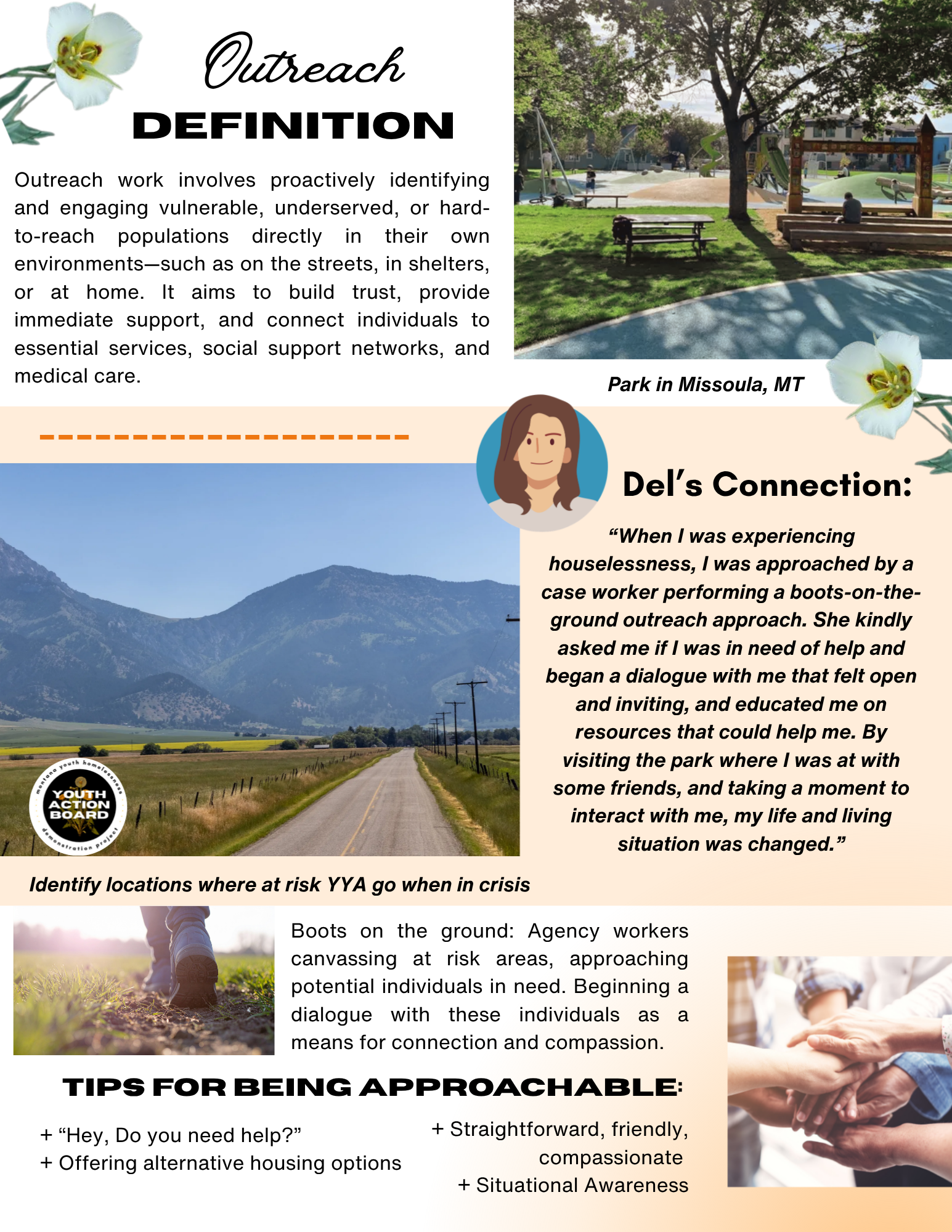 A brochure page with information about outreach programs and mental health support in Yellowstone National Park, Montana. The page features a photo of a park with a playground, trees, and mountains in the background, along with the Youth Action Board logo and a picture of a person walking on a dirt road in a field.