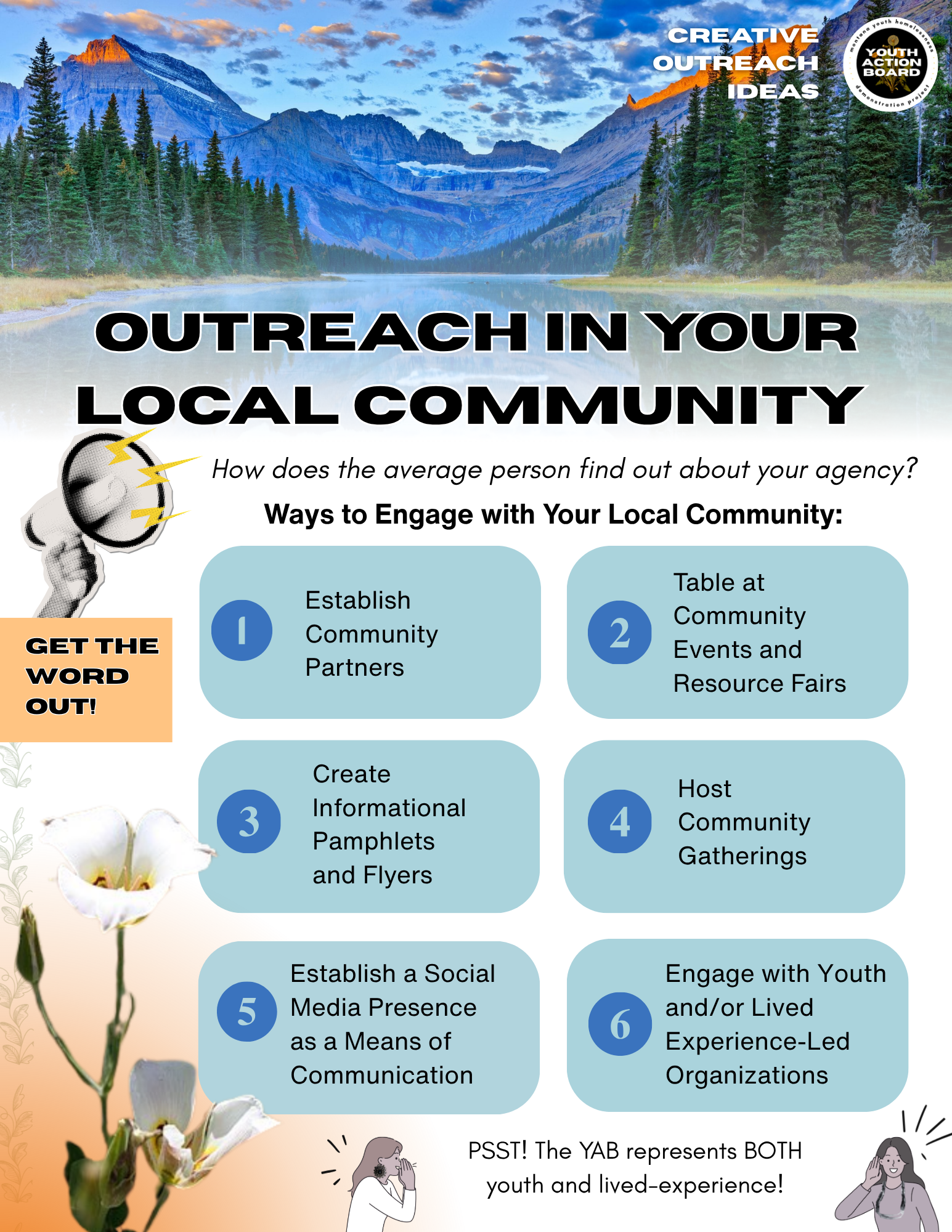 A nature scene with mountains, trees, and a river at sunset. Overlaid text promotes outreach ideas and community engagement for youth action board projects.