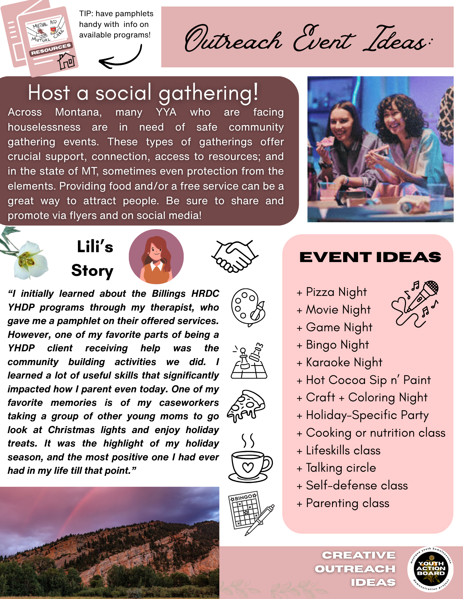 Flyer promoting outreach event ideas, featuring a scenic mountain landscape with a rainbow, a photo of two women smiling at a social gathering, and sections with text offering tips, personal story, and list of event ideas like pizza night, movie night, game night, and others.