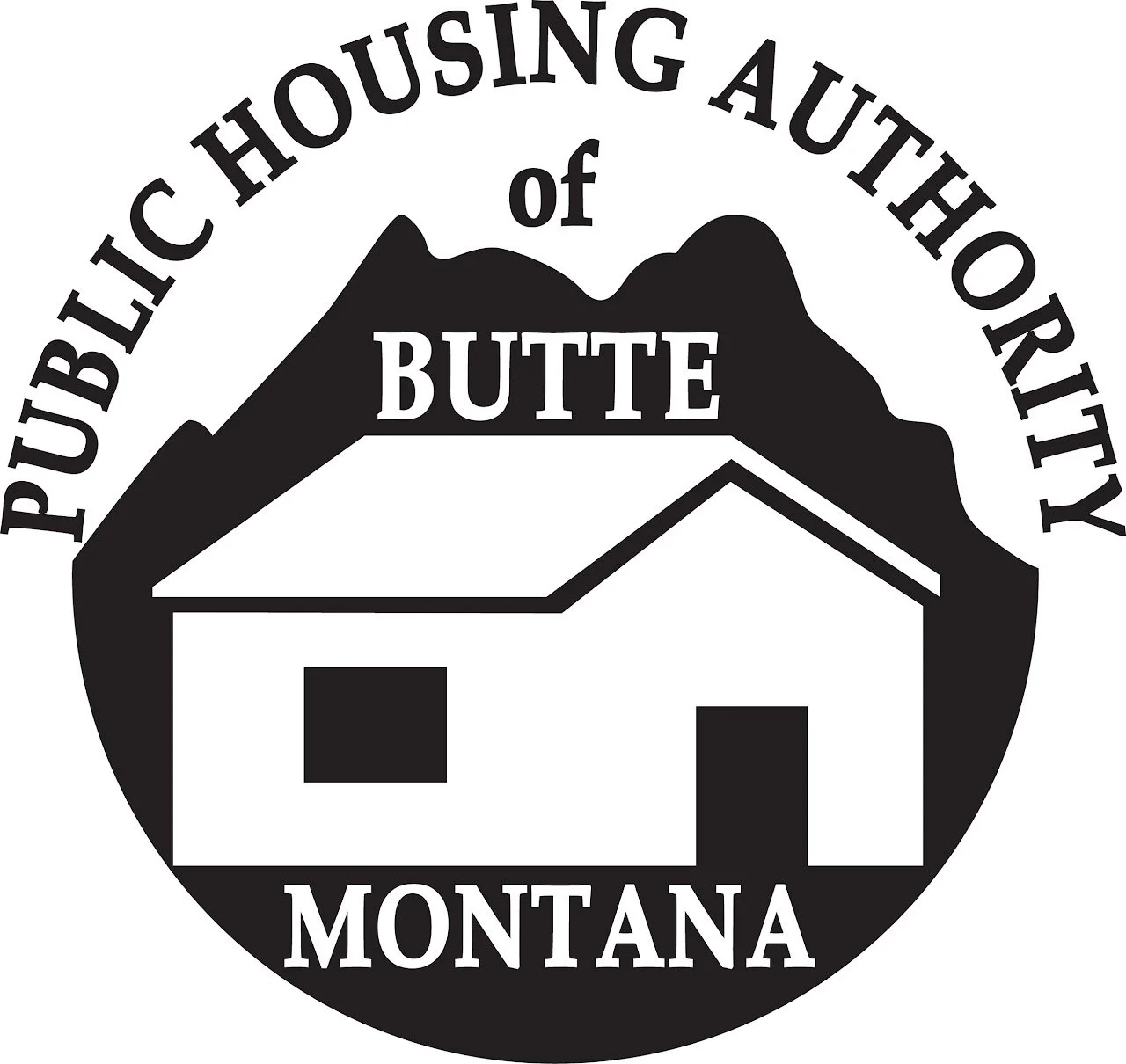 Black and white logo of the Public Housing Authority of Butte, Montana, featuring a house with mountains in the background.