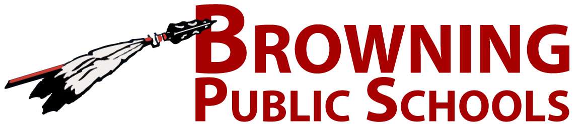 Logo for Browning Public Schools featuring a stylized rifle and the text in bold red letters.